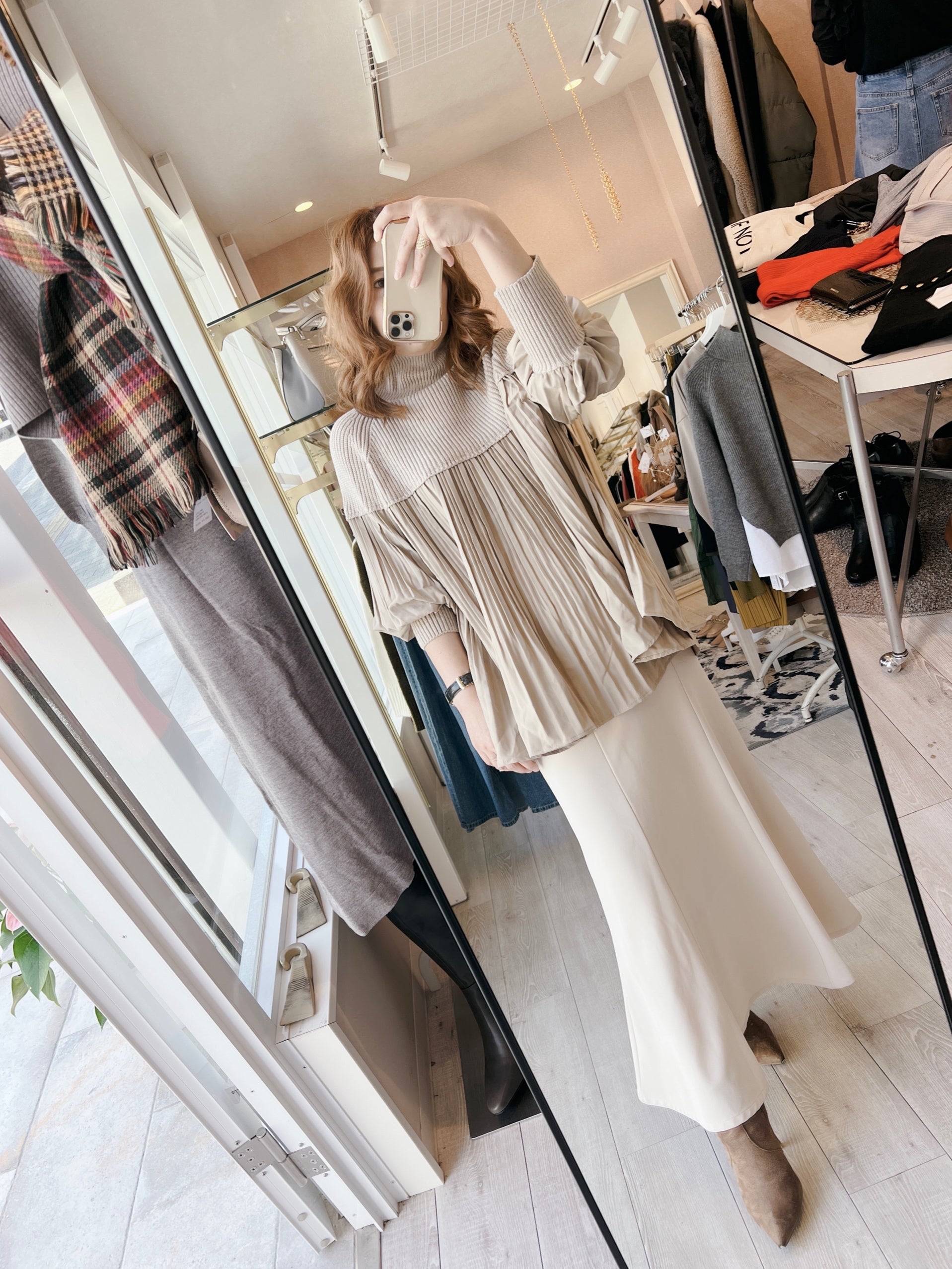 ❤️【ラスト一点】異素材切替ハイネックニットプリーツブラウス