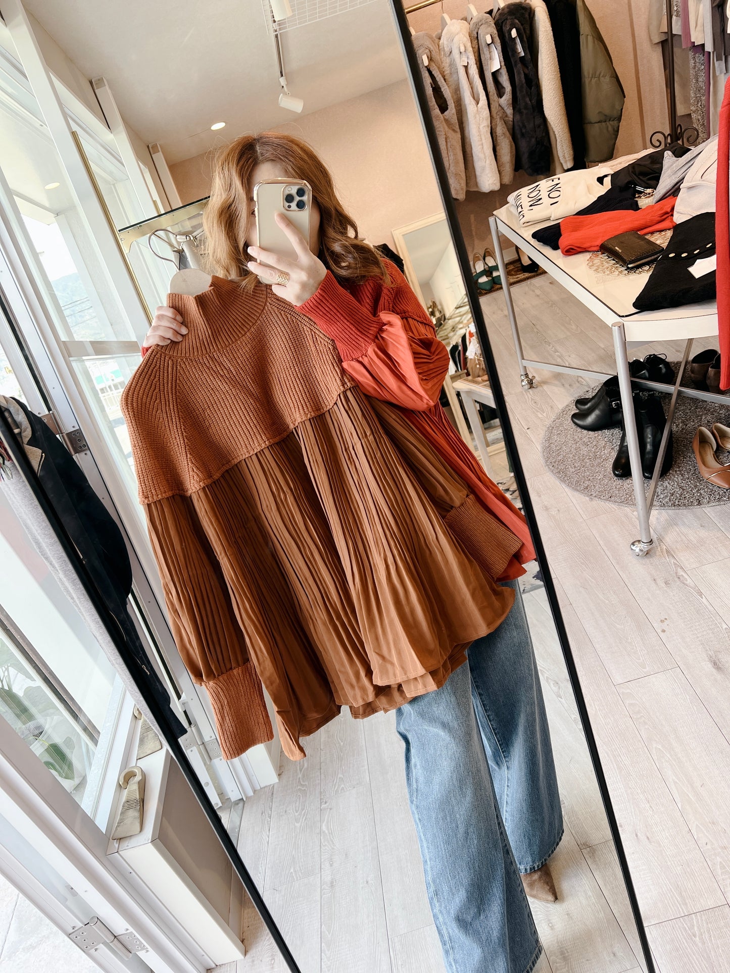 ❤️【ラスト一点】異素材切替ハイネックニットプリーツブラウス